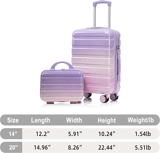 20 Inch Carry on Luggage with 14 Inch Cosmetic Case, 2 Pcs Hardshell Lightweight Durable Spinner Suitcase Set for Travel, Women, Men, TSA Lock, ABS, 20+14 Inch, Pink Purple