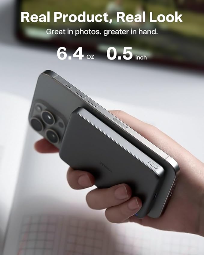 TORRAS MiniMag Power Bank,Ultra-Slim 10,000mAh Magnetic Wireless Portable Charger, 22.5W Fast Charging iPhone Air MagSafe Battery Pack Designed for iPhone 17 Pro Max/17 Pro/Air/16/15/14/13/12, Gray