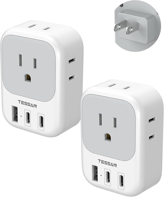 TESSAN US to Japan Plug Adapter 2 Pack,2 Prong to 3 Prong Outlet Adapter with 4 Outlets and 3 USB (2 USB-C), Power Adaptor US to Japan China Mexico Philippines Canada Peru Thailand Vietnam