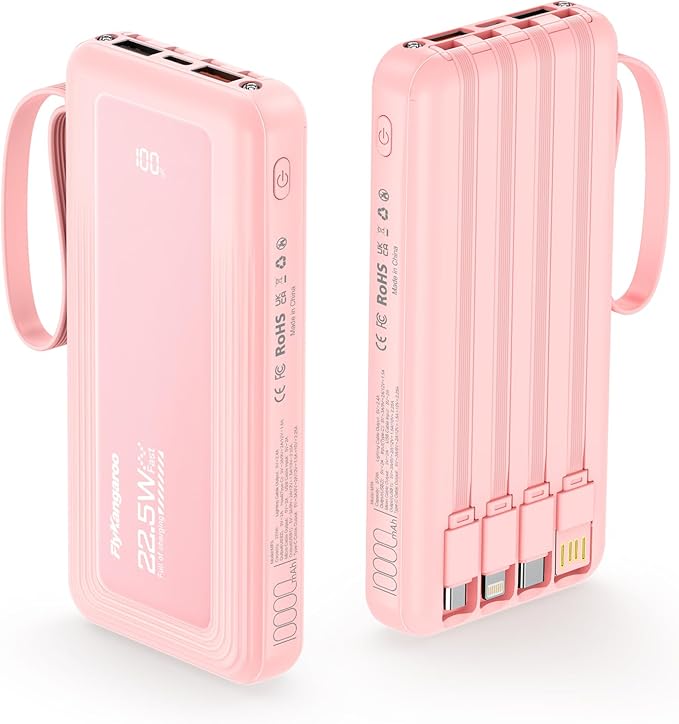Portable Charger with Built in Cables, Slim 10000mAh Fast Charging 22.5W Power Bank USB C LED Display Battery Pack 6 Outputs & 2 Inputs for iPhone Samsung Pixel LG Moto iPad