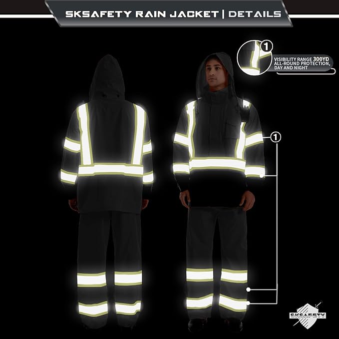 SKSAFETY Hi Vis Safety Rain Jacket for Men, Construction Work Rain Gear Heavy Duty Class 3 Rain Coat Waterproof Lightweight