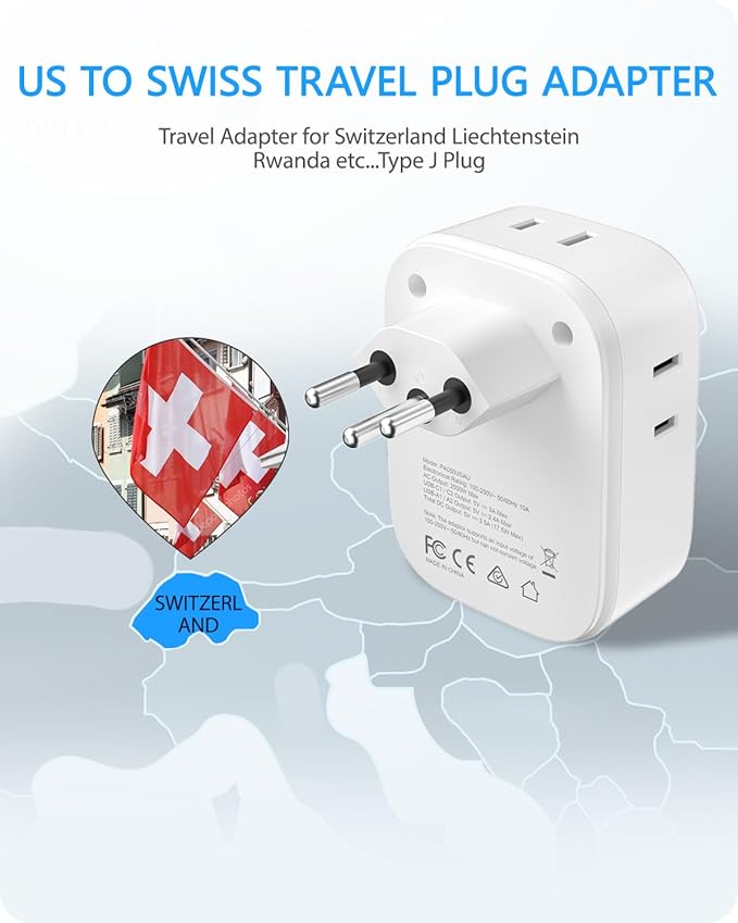 LENCENT Switzerland Travel Plug Adapter, Swiss Power Adaptor with 4 American Outlets, 4 USB Ports(2 USB C), Type J Plug Converter for US to Switzerland, Liechtenstein, Rwanda, Safe Grounded