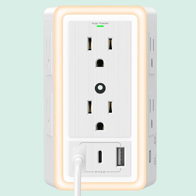 Wall Outlet Extender with USB Charging Ports 9 in 1 Plug Extension Block Multiple AC Outlets Splitter Power Hub Wall Tap 1500J Surge Protection Night Light Dusk to Dawn Sensor Switch ETL Listed