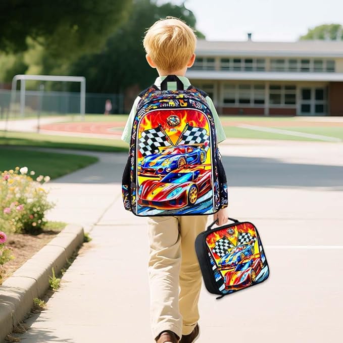 HPJGD 5PCS Boys Suitcase Set, Kids Water-Resistant Rolling Luggage, Cool Car Racing Travel Carry-On for Elementary/Preschool Toddler