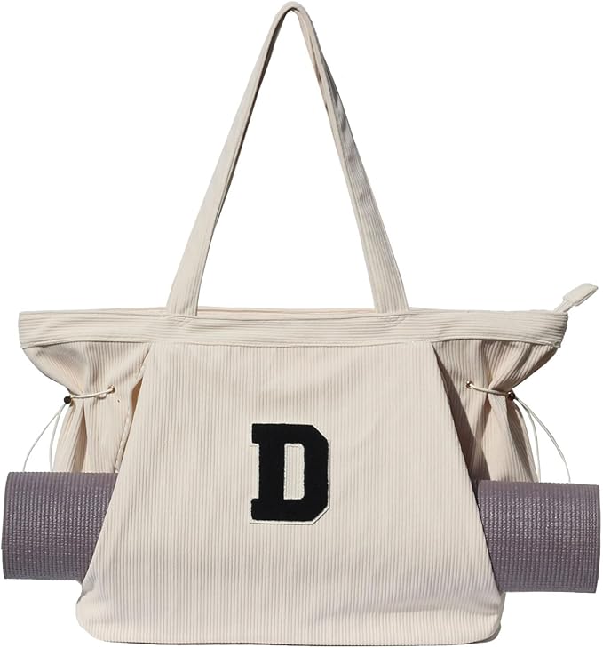 ESVAN Corduroy Yoga Tote Bag Gifts for Women Drawstring Yoga Mat Bag for Office Workout Travel Carryall Pilates Gym
