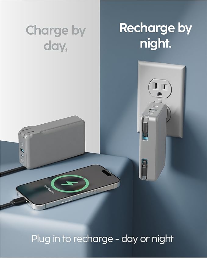 myCharge RetractaCharger 10000mAh Portable Charger Power Bank with 28-Inch Retractable 2 USB-C Cable | Built-in Wall Plug | 30W PD Fast Charging | USB-C & A Ports | Digital Display | Grey