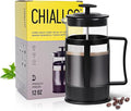 Chiallco Mini French Press Coffee Maker, Heat Resistant Thickened Borosilicate Classic Glass Stainless Steel Coffee Press, 12OZ Heat Cold Brew Coffee Pot Tea Press for Kitchen Travel Camping，Black