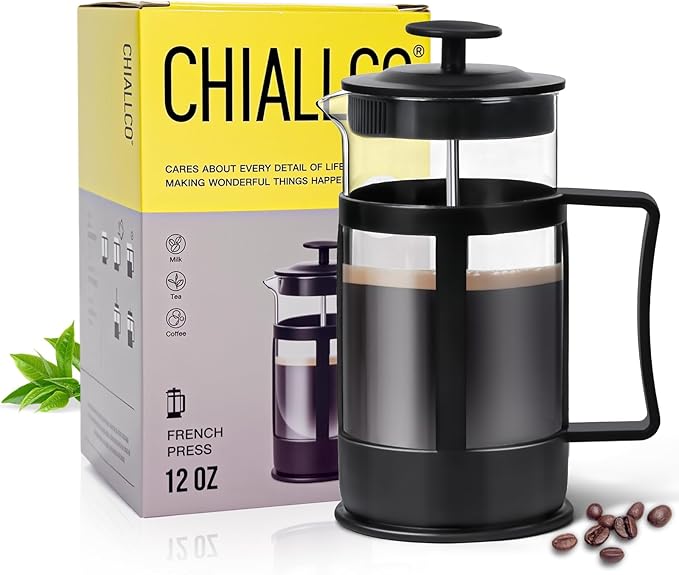Chiallco Mini French Press Coffee Maker, Heat Resistant Thickened Borosilicate Classic Glass Stainless Steel Coffee Press, 12OZ Heat Cold Brew Coffee Pot Tea Press for Kitchen Travel Camping，Black