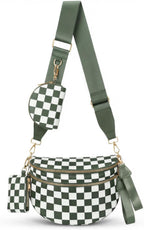 Cross Body Bag for Women Checkered Crossbody Bags Bum Bags for Women Fanny Packs for Girls Small Nylon Checkered Purse Trendy Shoulder Bag (RS-YB-Checkered Green White, One Size)