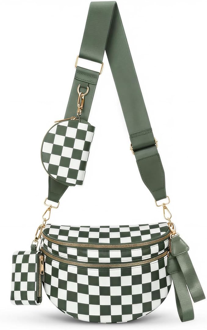 Cross Body Bag for Women Checkered Crossbody Bags Bum Bags for Women Fanny Packs for Girls Small Nylon Checkered Purse Trendy Shoulder Bag (RS-YB-Checkered Green White, One Size)