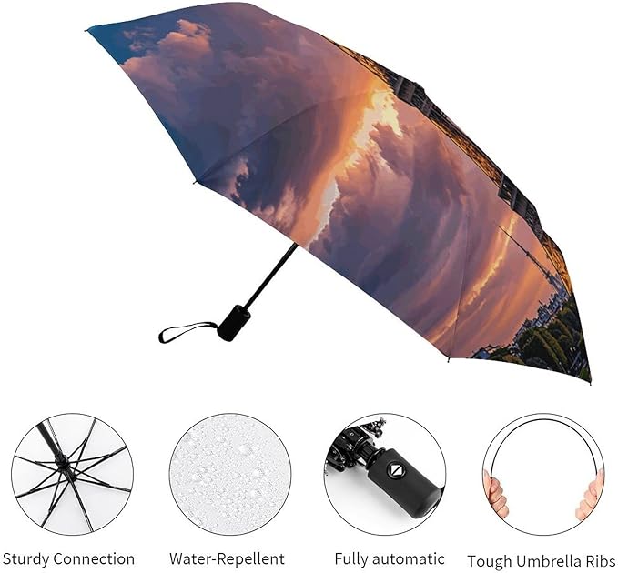Cowboy Black Hat Western Boots Umbrellas for Rain Portable Travel Umbrellas Lightweight Automatic Windproof Folding Umbrella Compact Outdoor Beach Umbrella for Women, Men