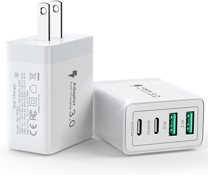 [2-Pack] USB C Wall Charger Block, 40W 4-Port USB C Super Fast Charger Dual Port PD Power Adapter+QC Wall Plug Multiport Type C Brick Cube Compatible with iPhone 15 14 13 12 11 Pro XR XS 8 7, Samsung