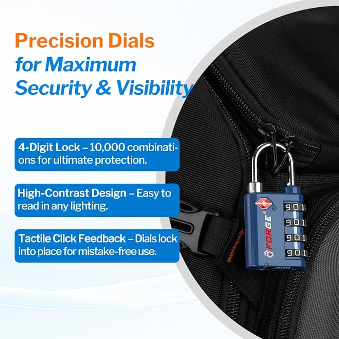 Forge Dual-Opening: Key or Combination Lock, TSA Approved Lock for Luggage, Pelican case, Travel, Gym, School, Luggage Combination Lock, Travel Bag Lock (Blue 4 Pk)