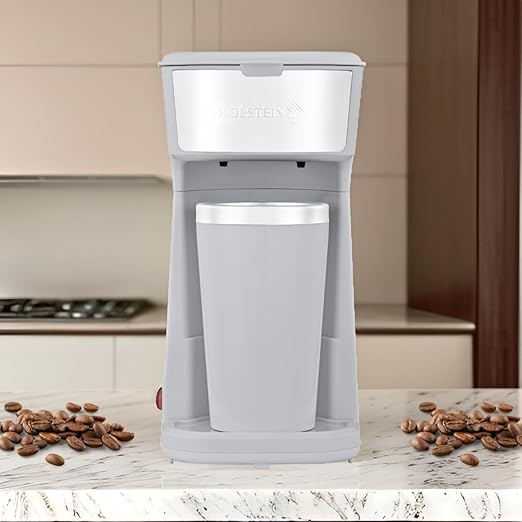 Holstein Housewares Personal Coffee Maker with 14oz Travel Mug – Compact One-Touch Brew Machine with Reusable Filter, Auto Shut-Off, Non-Stick Plate, Ideal for Home, Office, or Dorm. Grey