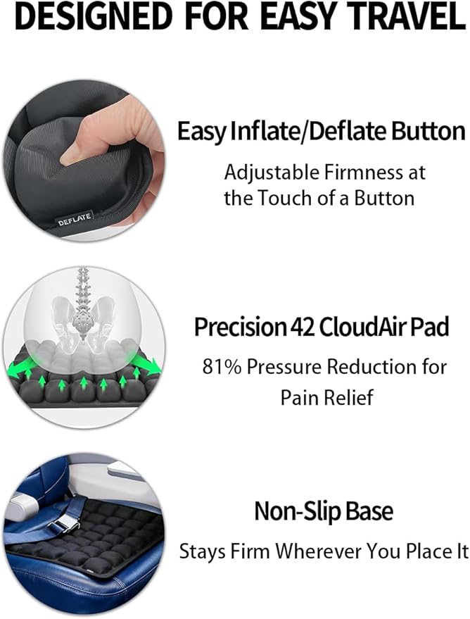 Soundur Travel Cushion Airplane Seat,Inflatable Air Bubble Design with Storage Bag for Car/Office/Kitchen Chairs.42 Air Cells, Adjustable Firmness, Non-Slip Bottom
