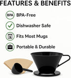 Single Cup Pour Over Coffee Dripper with Scoop & 10 Filters – #2 Cone Style Manual Brewer, BPA-Free Plastic, Portable Dishwasher Safe Coffee Maker