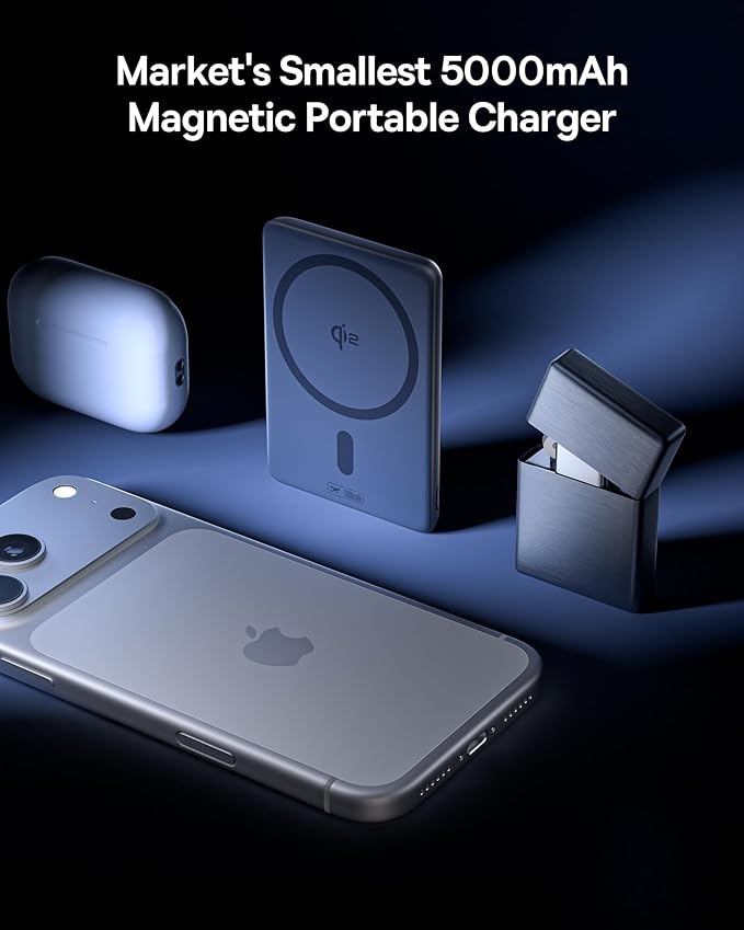 Baseus Picogo Power Bank, Smallest Qi2 Certified 15W MagSafe Portable Charger, 0.5" Ultra Slim 5000mAh Magnetic Battery Pack with Stand, Alloy Wireless Charger for iPhone 17 Pro Max/17 Air/17e Series