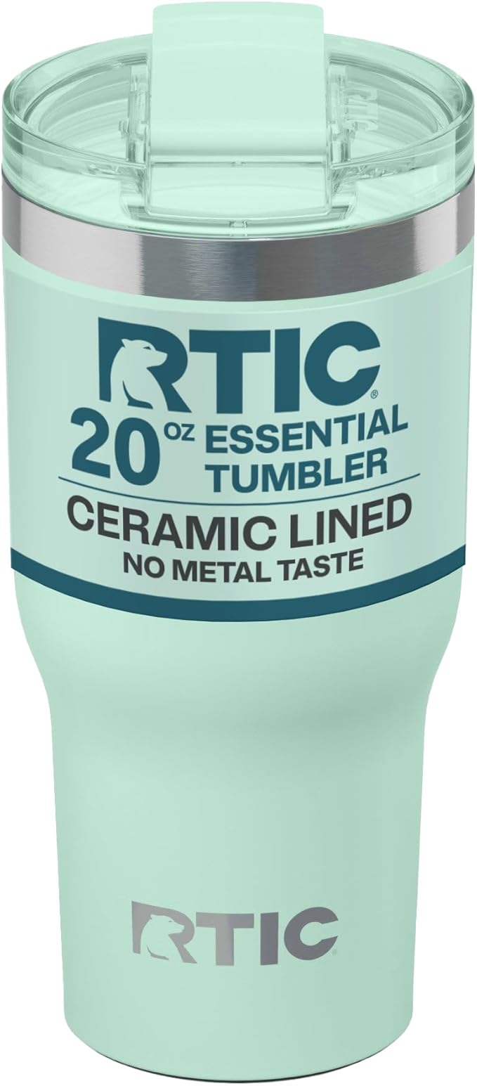 RTIC 20oz Essential Tumbler with Lid, Ceramic Lined, Insulated, Stainless Steel, Metal, Double Wall Vacuum-Insulation, Travel Cup for Iced Coffee, Tea, Hot and Cold Drink, Fresh Mint