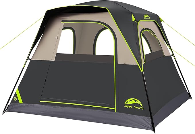 Happy Travel Tent 4 Person Tents for Camping, Waterproof Easy Setup Camping Tent with Top Rainfly, Portable Tall Cabin Tent with 4 Mesh Windows and Carry Bag for Outdoor Camping & Hiking