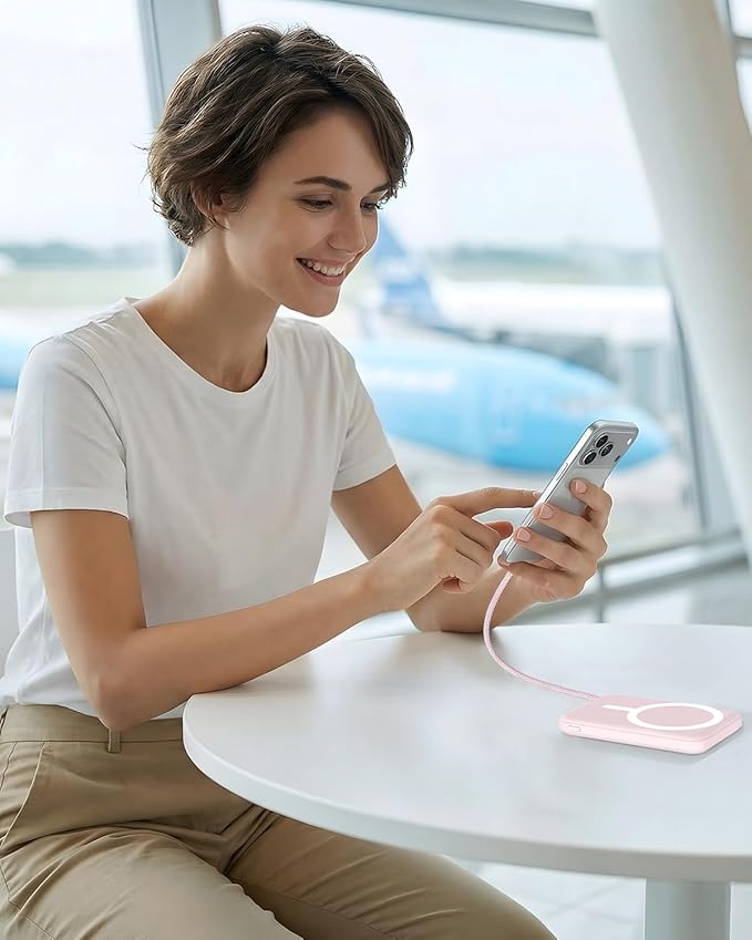for Magsafe Power Bank, 5000mAh Magnetic Portable Charger with Built-in USB-C Cable, Wireless Battery Pack with 20W PD Fast Charging for iPhone 17/16/15/14/13/12 All Series-Pink
