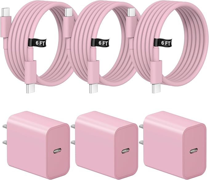 iPhone 17 16 15 Charger Fast Charging 3 Pack USB C Charger Block Type C Chargers 6FT Cord Wall Chargers Compatible with iPhone Air/17/17 Plus/17 Pro/17 Pro Max/16/16 Plus/16 Pro/16 Pro(Pink)