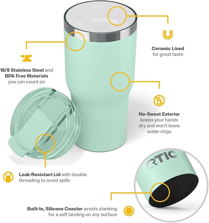 RTIC 20oz Essential Tumbler with Lid, Ceramic Lined, Insulated, Stainless Steel, Metal, Double Wall Vacuum-Insulation, Travel Cup for Iced Coffee, Tea, Hot and Cold Drink, Fresh Mint
