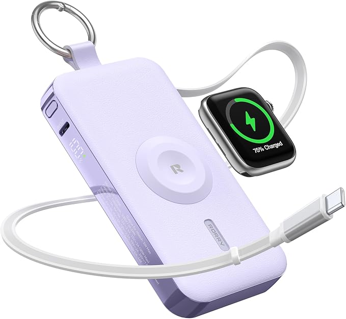RORRY Portable Charger, 12000mAh 30W Fast Charging Power Bank with Built-in Retractable USB C Cable, Battery Pack with Keychain, Travel Essentials for iPhone, Apple Watch, iPad, Purple