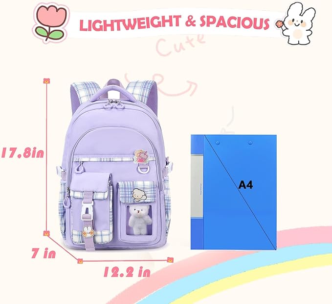 PRLINJSK Girls Backpack，Cute School Backpack for Girls Kids Teens，Kawaii Bookbag for Primary Elementary，Purple