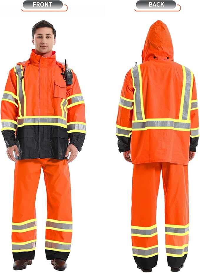 SKSAFETY Hi Vis Safety Rain Jacket for Men, Construction Work Rain Gear Heavy Duty Class 3 Rain Coat Waterproof Lightweight