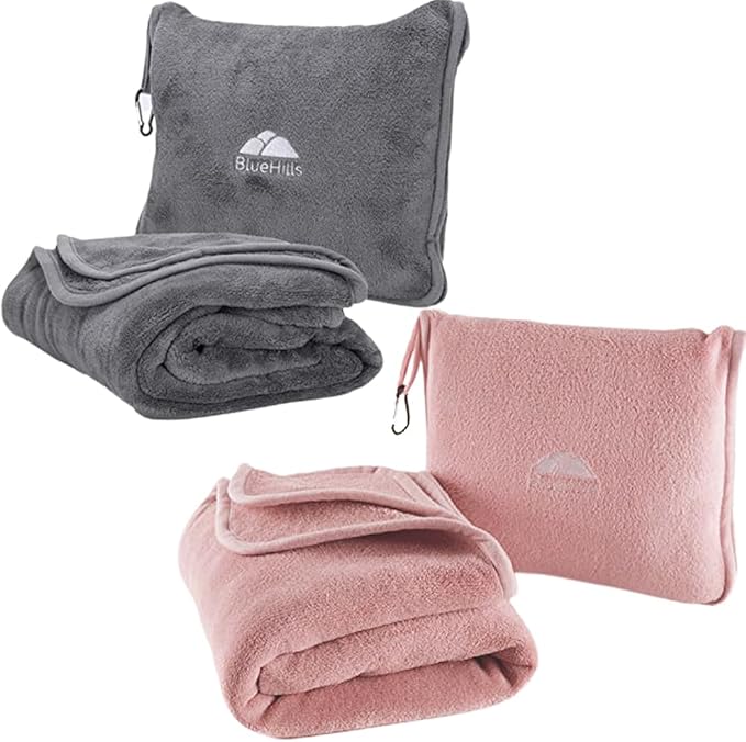 BlueHills Long Travel Blanket Pillows for Two Airplane Traveling Essentials Flight Throws in Bag case with Backpack Clip Compact Large Plane Accessories – Gray and Pink