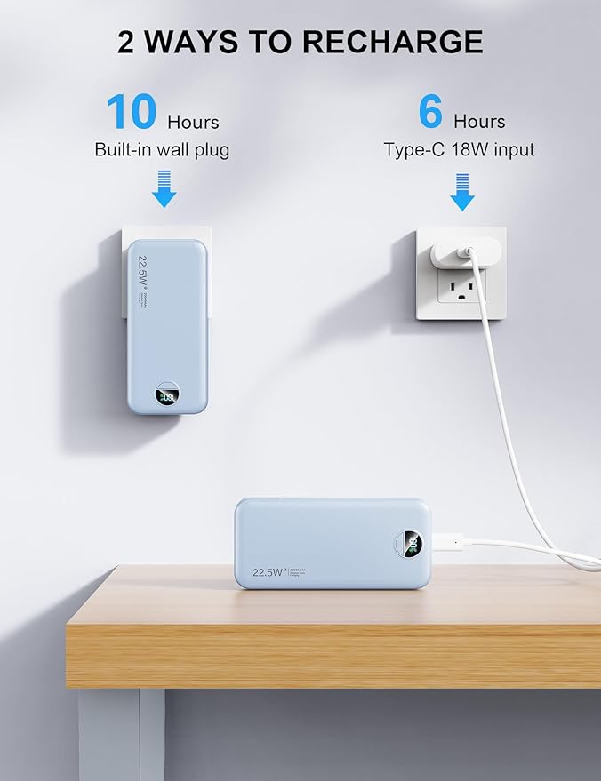 Portable Charger, 20000mAh 22.5W Fast Charging Power Bank with Built-in Cables & Wall Plug, USB C External Battery Pack with LED Display, Travel Essentials Phone Charger for iPhone iPad Samsung Blue