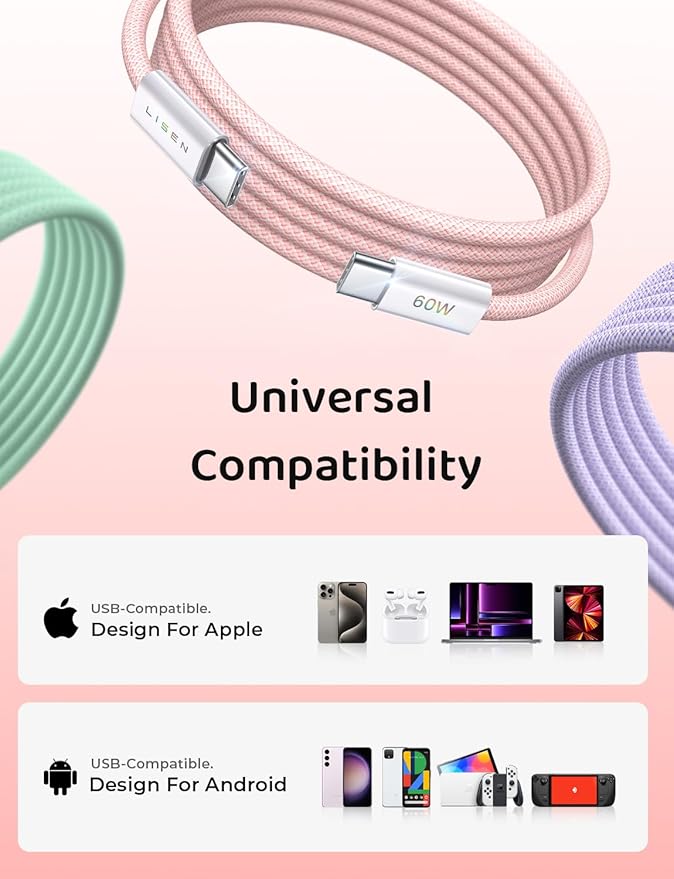 LISEN USB C Cable, 3-Pack [3.3/3.3/3.3FT] USBC to USBC Cable for iPhone 16e 15 Pro Max Charger Cord, 60W (3.1A) C to C Cable Fast Charging for Samsung S25/S24/23, Switch 2, iPad, MacBook