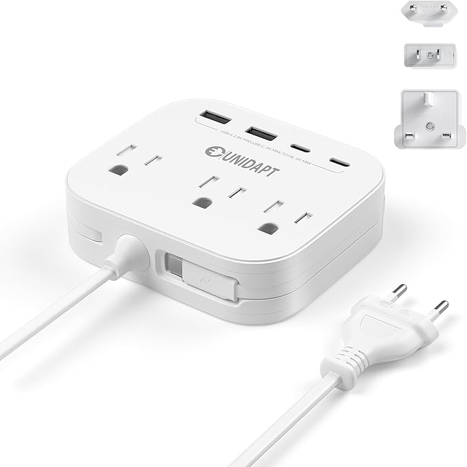 UK European Plug Adapter, Unidapt US to Europe Power Strip for EU/UK/US with Built in USB C Cord and 4 USB Ports, 3 AC Outlets, Wall Mountable, 5ft Extension Cord, for Travel Cruise Ship Home