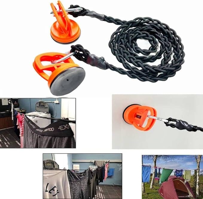 Bungee Cord Clothesline,Tri-Braided Cord Clothes Line,Portable Travel Clothesline Laundry Clothesline (with 2 Strong Suction Cups) for Home,Camping,Travel,Indoor or Outdoor Use - No hanger hook needed