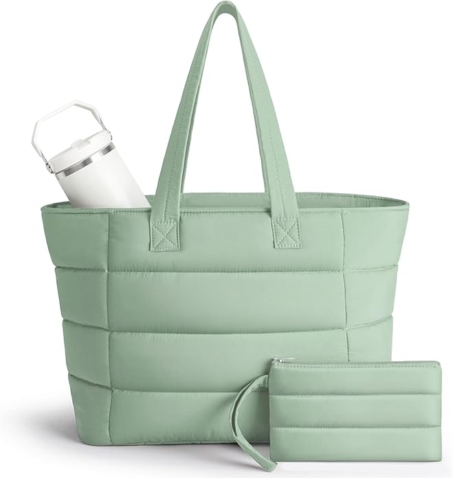 Puffer Tote Bag with Pouch,Women's Lightweight Quilted Shoulder Bag,15.6"/17.3" Laptop Travel Weekender for Work & Nurses