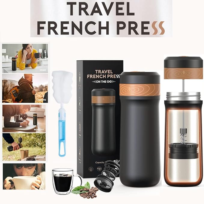 Sesama Classic Portable French Press Coffee Mug 12 oz with Carry Loop, Stainless Steel French Press Coffee Maker, BPA Great for Camping and Travel