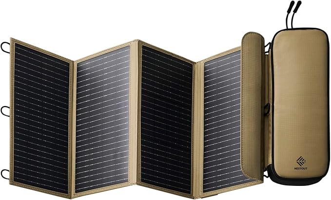 NESTOUT Portable Solar Panel, USB-C and USB-A Ports, 28W Solar Charger for Camping, Water Repellent Ripstop Nylon, Foldable Compact Design, Digital Ammeter, Adjustable Stand, Beige (4 Panel)