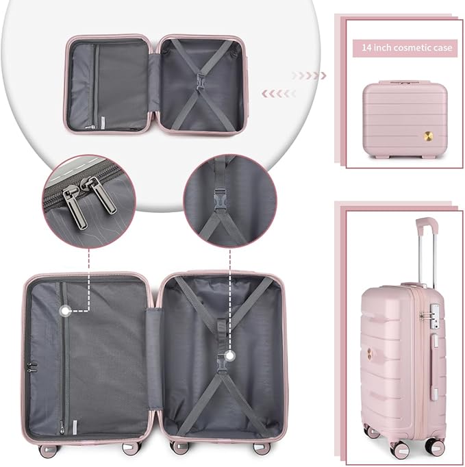 Somago Luggage Sets and Packing Cube Travel Set Lightweight Hardside Polypropylene Suitcases with Double Spinner Wheels and TSA Lock,Nude Pink
