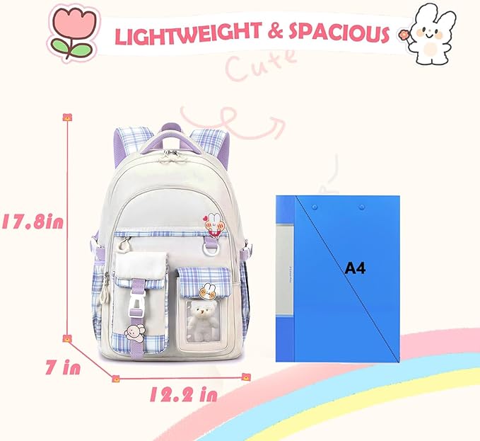 PRLINJSK Girls Backpack，Cute School Backpack for Girls Kids Teens，Kawaii Bookbag for Primary Elementary，White