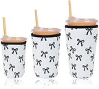Reusable Insulated Neoprene Iced Coffee Cup Sleeve, Durable Drink Sleeve for Cold Beverages, Beverage Holder for Iced Coffee, Black Bow