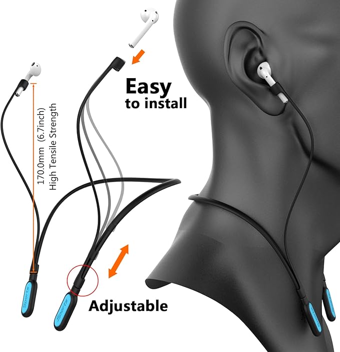 Compatible Airpods Strap, Silicone Anti-Lost Strap Connector Sports Neckband Compatible for Airpods Pro 3/2/1, Air Pod 4, 3, 2, 1, Black with Light Blue