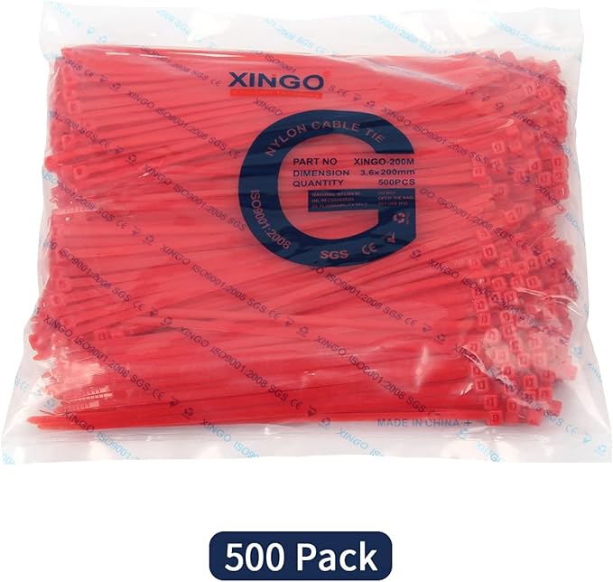 XINGO 8 Inch Red Cable Zip Ties (500 Pack), 40 Lbs Tensile Strength-Heavy Duty, Self-Locking Nylon Plastic Nylon Wire Ties for indoor and outdoor use
