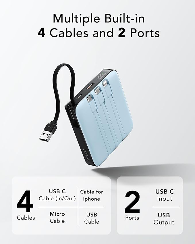 20000mAh Portable Charger Fast Charging with Built-in 4 Cables, Battery Pack Charger Portable PD 20W, Power Bank for iPhone 17 16 15 14 13 12 11 X Samsung Galaxy Series Android Phone,Blue(1Pack)
