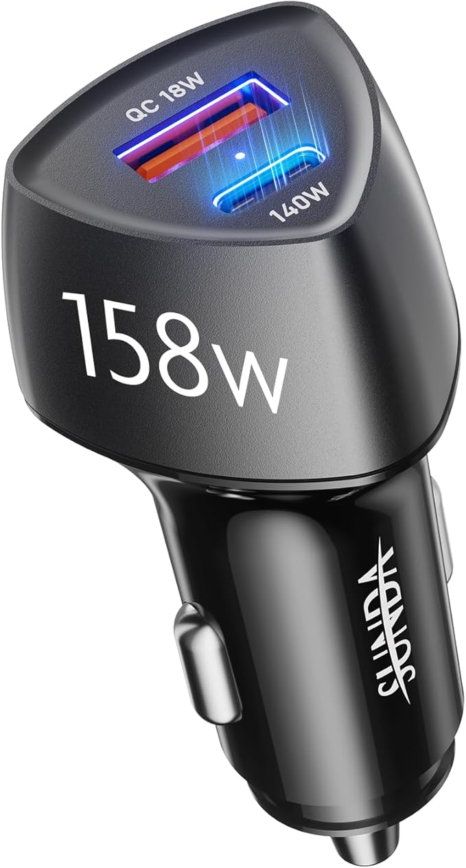 SUNDA 158W USB C Fast Car Charger, 2-Ports Type C Car Charger Adapter, Fast Charging PD3.1 PD140W/QC18W Phone Charger for iPhone17/16Pro/MacBook/iPad/Laptop/SamsungS25, Cigarette Lighter USB Charger