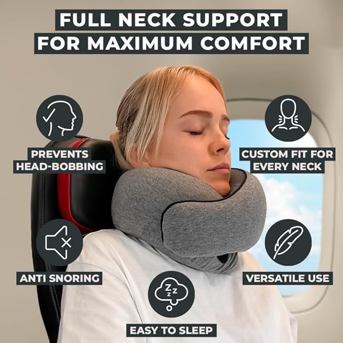 FlyHugz® Neck Travel Pillow Memory Foam Neck Pillow for Comfort on Airplane Compact and Ergonomic Design for Travel, Car Rides, and Home Use Ideal for Adults and Kids.