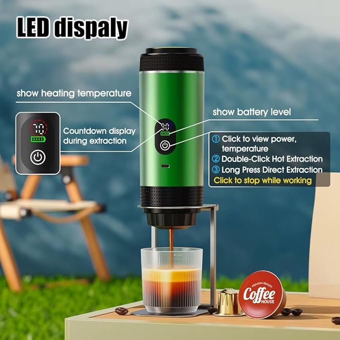 Portable Espresso Coffee Maker Rechargeable Self Heating Machine For Travel Car 3 in 1 Ground Coffee and NS Capsules 20 Bar Pressure Smart LED Display Camping Office With Stand Holder (GREEN)