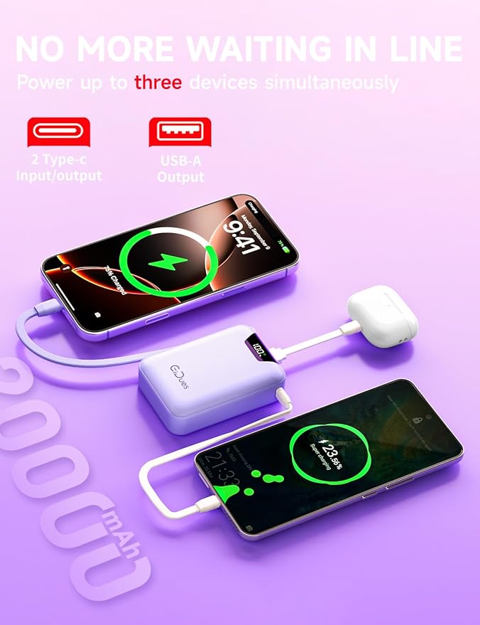 M2 Portable Charger, 20000mAh Power Bank, PD 35W Ultra Fast USB-C Built-in Cable, Compact Cute Mini External Battery Pack for iPhone, Samsung, Android iPad (Purple)