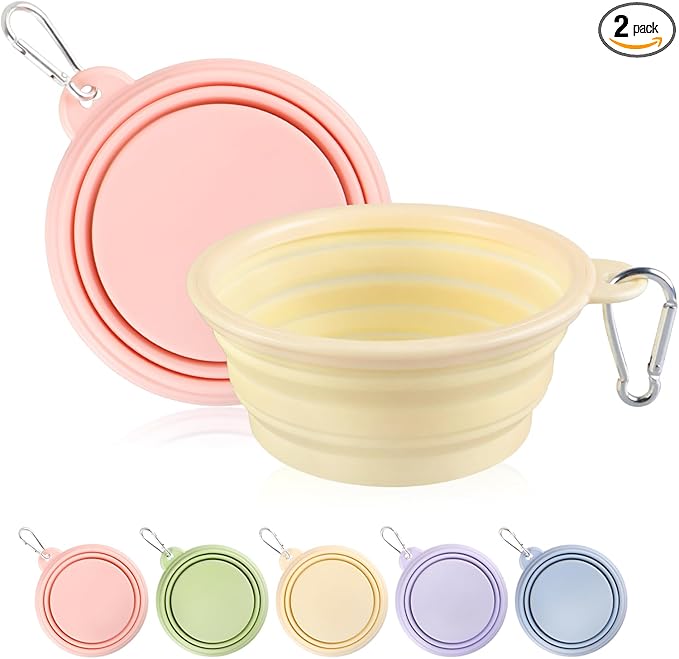 Collapsible Dog Bowls 2-Pack, Portable Travel Dog Bowl with Carabiner, Food-Grade Silicone Pet Bowl for Hiking, Walking (Macaron Pink and Yellow)
