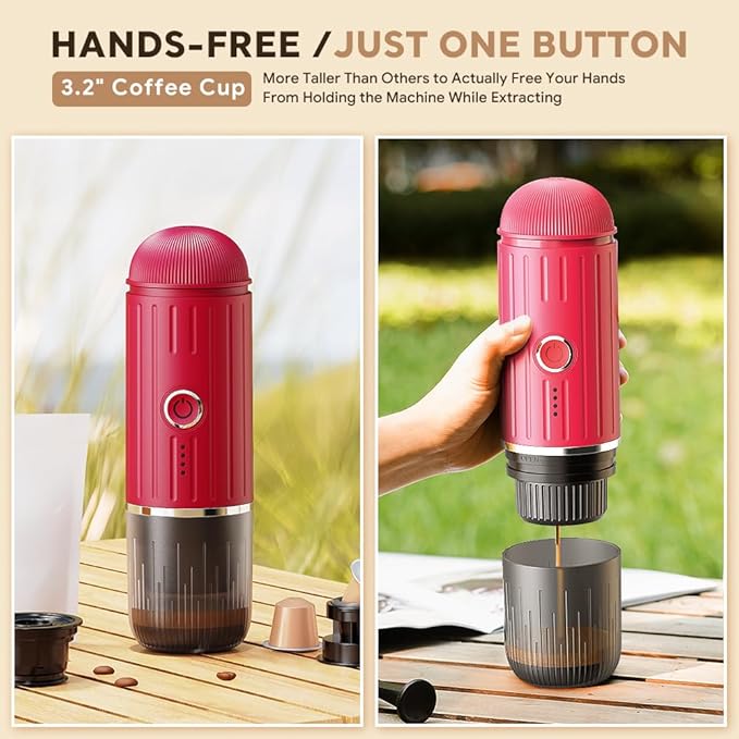 Portable Electric Espresso Machine, Travel Coffee Maker for Camping, On the Go Car Coffee Maker Self-Heating with USB-C, With Ground Coffee & N Espresso Capsule for RV/Hiking/Office, Red