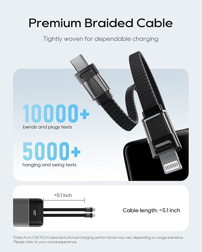 CUKTECH 20,000mAh Power Bank, Built-in USB-C & MFi Lightning Cables, 40W Fast Charging Portable Charger, 4-Port Output External Battery Pack for iPhone 17/16/15/14/13/12 Pro Max, iPad, Samsung S26